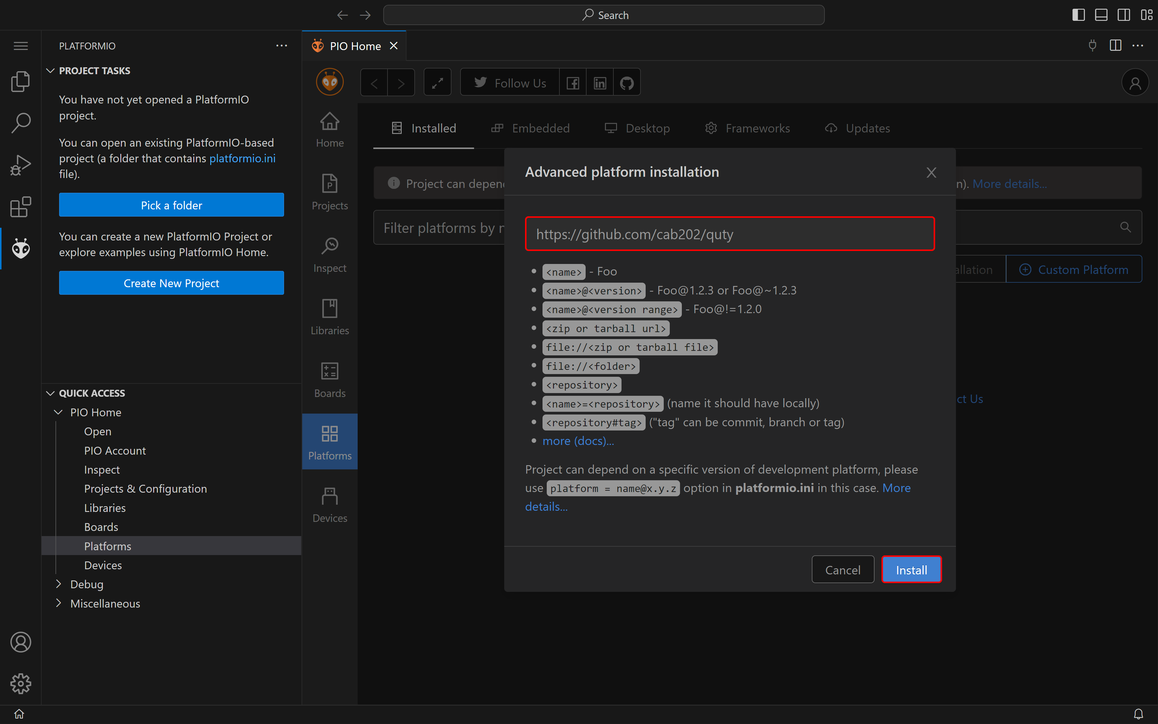 QUTy platform installation dialog box